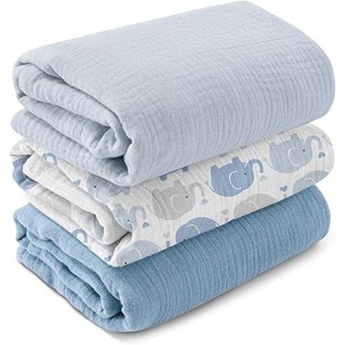Muslin Swaddle Blankets for Newborn, 3-Pack Cotton Receiving Blankets, Large 40 x 38 inches, Baby Blankets for Boys and Girls, Wrap Burp Cloths, Registry Essentials, Shower Gifts, Elephant & Blue