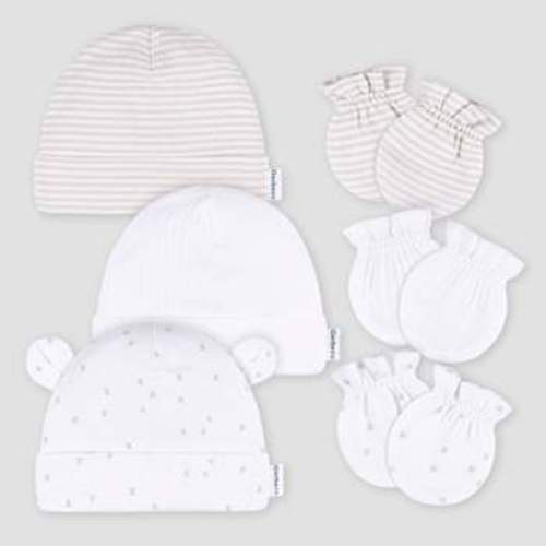 Gerber Baby 6pk Hat & Mitten Set - Gray: Cotton Knit, Elastic Cuffs, 12 Months : Target