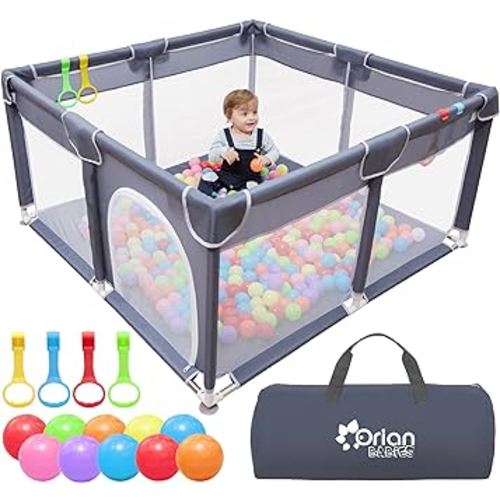 Orian Baby Playpen 50x50 Large Playpen for Babies and Toddlers, Oxford Fabric, Indoor & Outdoor Play Pen, 10 Colorful Balls, 4 Pull Up Rings, Carry Bag