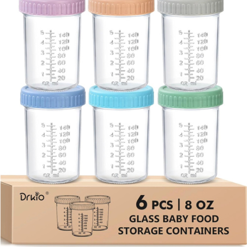 DRKIO 6 Pack Glass Baby Food Storage Containers - 8 Oz Baby Food Jars with Lids Baby Food Maker Microwave Dishwasher Freezer Safe 100% Leak Proof BPA Free Reusable