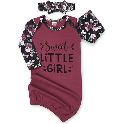 Baby Gown 0-6 Months, Super Soft Infant Nightgown for Baby Girl, Long Sleeve Newborns Sleepers Gown, Newborn Girls Outfits Essential with Headband Set Red