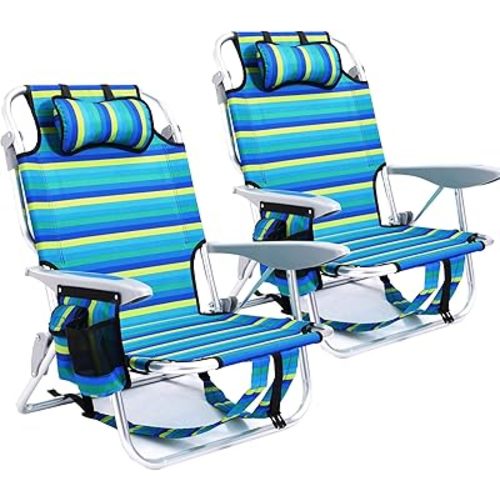 2 Pack Lightweight Portable Camping Beach Chair for Adults, Outdoor Lay Flat Folding Beach Chairs with 5 Positions, Backpack Beach Chair with Towel Bar, Zipper Pouch, Cup Holder, Ocean Striped