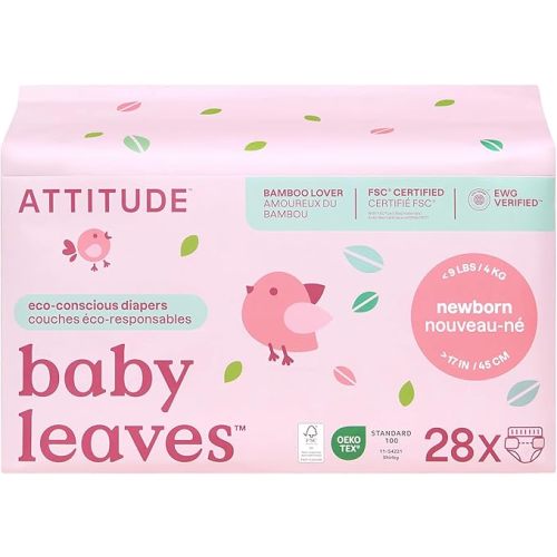 ATTITUDE Eco-Conscious Disposable Diapers, EWG Verified, Size 1/Newborn (< 9 lbs), Ultra Absorbent for Baby, Vegan & Plant-Based, 28 Count