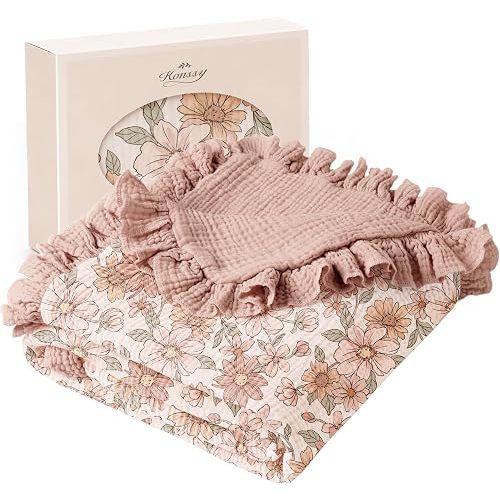Konssy 100% Cotton Muslin Baby Blanket with Ruffle Trim for Girls, 43"x39"