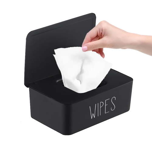 Black Wipes Dispenser for Bathroom Non-Slip Refillable Wipes Container with Sealing Lid Baby Wipe Holder for Fresh Wipes, 7.28x4.80x2.75 inches