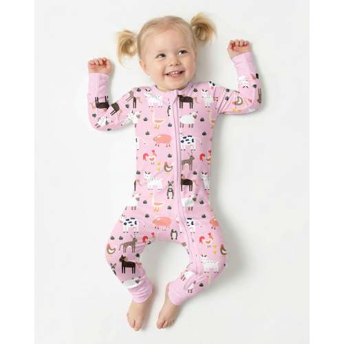 Pink Farm Animals Bamboo Convertible Zippered Romper