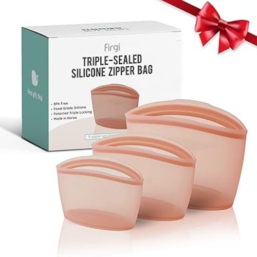 Reusable Silicone Food Storage Bags, 3-Pack Variety Set (2, 3.5, 6 Cups), Made in Korea BPA-Free Silicone, Triple-Airtight Freezer Bags, Microwave Safe, Sous Vide, Zip Lock Pouch, Dry Rose