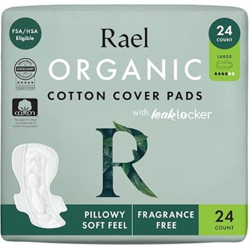 Rael Organic Cotton Cover Sanitary Pads for Women, Heavy (Large, 24 Ct)