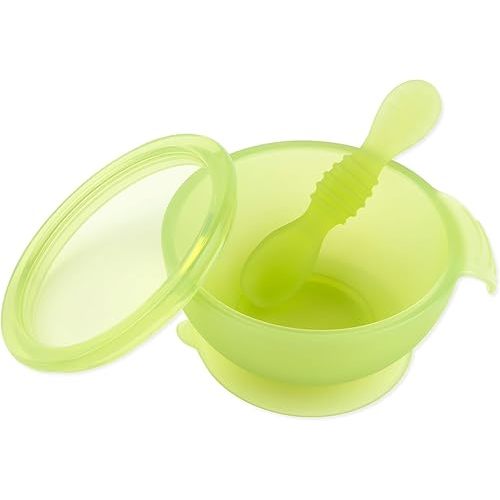 Bumkins Baby Bowl, Silicone Feeding Set with Suction for Baby and Toddler, Includes Spoon and Lid, First Feeding Set, Training Essentials for Baby Led Weaning for Babies 4 Months Up, Green Jelly