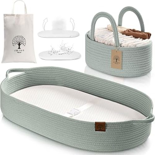 Baby Changing Basket Includes Diaper Caddy - Soft & Waterproof Dual-Cover, Portable, Changing Pad for Dresser & Changing Table, Gift for Baby Shower, Organic Cotton Rope