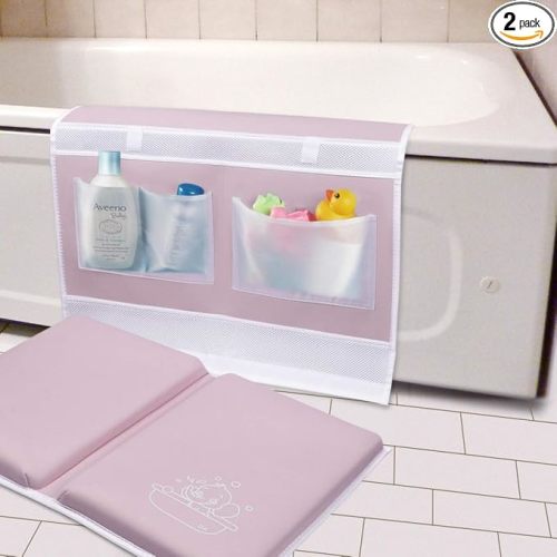 Bath Kneeler and Elbow Rest 1.5" Thick Kneeling Mat with Toy Organizer - Bath Kneeling Pad for Baby Bath Time, Garden Work, Exercise - Detachable and Foldable Bathtub Mat for Parents - Pink