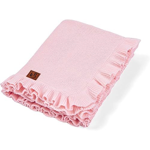 SWaddle AN Ruffle Knit Blanket for Baby - 100% Luxury Soft Cotton Knit Warm Cozy Cuddle Stroller Crib Blanket for Newborns, Infants, & Toddlers (Pink)
