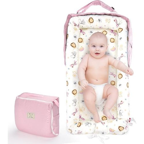 Tumbona para bebé, cama de bebé para dormir, almohada para recién nacido de 0 a 24 meses, funda portátil para nido de bebé, color rosa del mundo animal