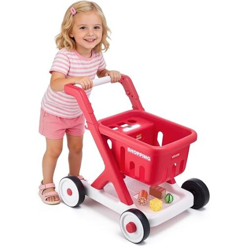 VEVOR Scan & Sort Kids Shopping Cart, for Kids 2+, Toy Shopping Cart with Pretend Food, Lights & Sound, Pretend Play Grocery Store Toy Trolley, Adjustable Height Baby Push Walker, for Toddlers Ages 2+