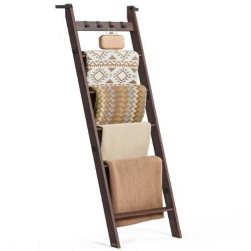 VASAGLE 6-Tier Blanket Ladder with 4 Hooks, Rustic Farmhouse Storage Rack for Towels, Throws & Decor, Maroon Brown