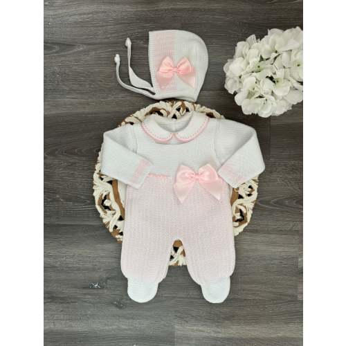 Delicate Knit Dot Line With Side Satin Bow Romper Set in White and Pink
