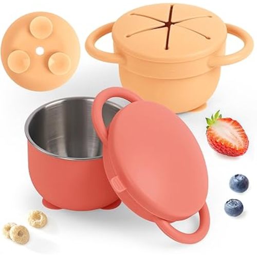 Daximo 2 Pack Toddler Snack Cups with Suction Base — 4-in-1 Detachable Stainless Steel Cups, Snack Cups for Toddlers Spill Proof with Silicone Lids & Handles for Mess-Free Snacking(Orange and Yellow)