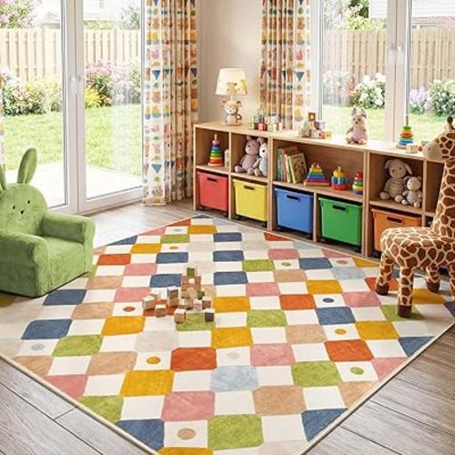 jinchan Macy Area Rug for Kids Room 6'x6' Square Rug Modern Colorful Checkered Diamond Nursery Rug Indoor Washable Soft Non Slip Carpet for Playroom Bedroom Dorm Daycare Circus on Cream