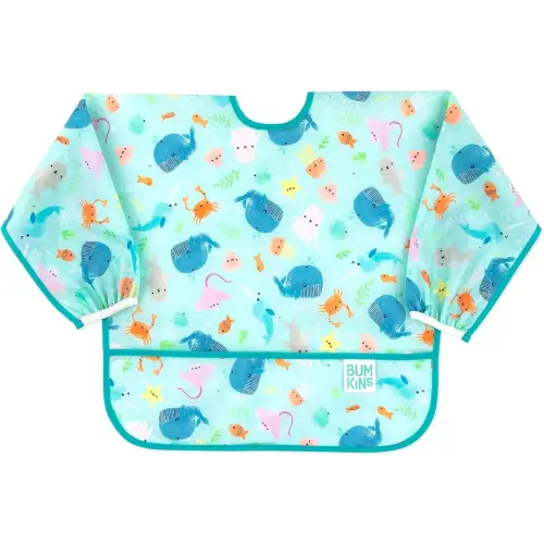 Bumkins Bibs, Baby and Toddler Girls and Boys 6-24 Months, Long Sleeve, Essential Must Have for Eating, Feeding, Mess Saving Lightweight Waterproof Fabric Sleeved Smock, Ocean Life