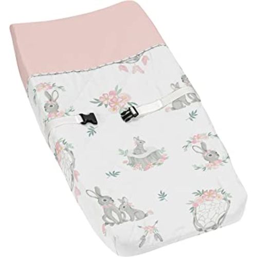 Sweet Jojo Designs Blush Pink and Grey Woodland Boho Dream Catcher Arrow Girl Baby Nursery Changing Pad Cover for Gray Bunny Floral Collection - Watercolor Rose Flower