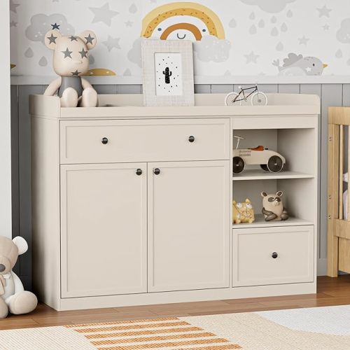 UbabyNest Wide Changing Table with 2 Doors, 2 Different Size Drawer&Storage Cubbies, Durable Wood Construction, Built-in Shelves for Ample Storage (Beige)