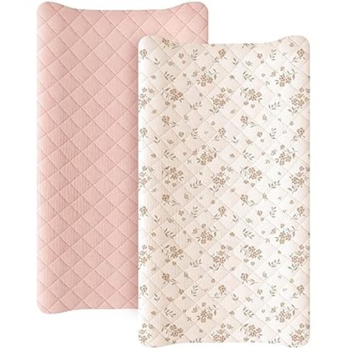 Konssy Waterproof Muslin Changing Pad Cover 2 Pack, Quilted Cotton Fitted Diaper Chang Table Cover, Soft Changing Pad Sheets for Girls Boys (Blossom,Pink)