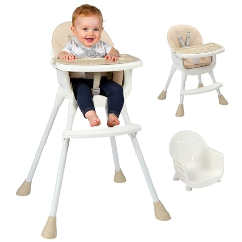 Ktaxon 3-in-1 Baby High Chair, Portable Adjustable Height Highchair with Removable Dual-Layer Tray, 5-Point Safety Harness and Footrest for Toddlers & Babies, Beige