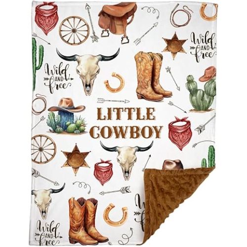 Western Baby Blanket, Cowboy Minky Blankets for Boys Girls, Nursery Room Decor, Soft Warm Lightweight Nursery Bed Blanket for Newborn Toddlers Son Daughter (02)