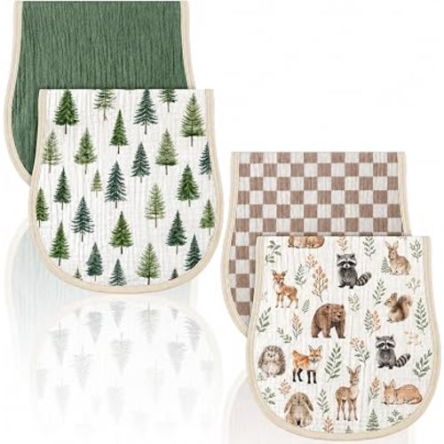 4 Pcs Woodland Baby Burp Cloths 100% Cotton Christmas Pine Newborn Towel