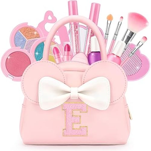 Kids Real Makeup Kit for Girls - 18Pcs Non-Toxic Washable Make Up Toys with Initial Toddler Purse - Personalized Birthday Gifts for Age 3 4 5 6 7 8 9 10 Years Old Girls Vanity Set - E