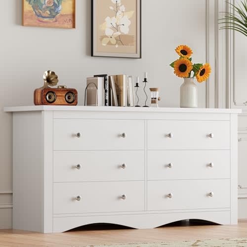 Furmax Dresser for Bedroom, 6 Wood Dresser, Chest of Drawers, for TV up to 65 inch, TV Stand Storage Chest of Drawers for Hallway Entryway (White)