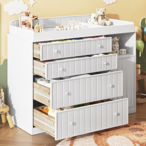 37.4” H Ergonomic Changing Table Dresser with 4 Drawers, Storage Cabinet and Open Shelf, Anti-Tip Safety Design & Curved Wrapped Nursery Dresser | Wayfair