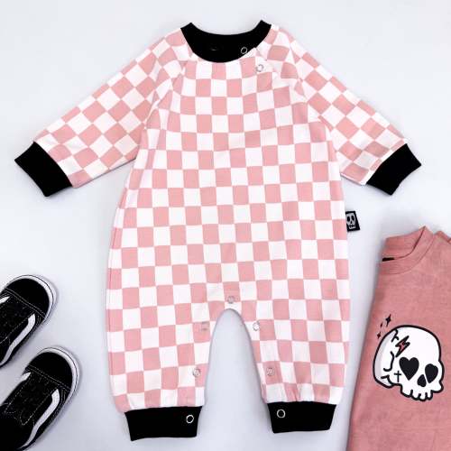 PINK CHECKERBOARD FOOTLESS ROMPER – Skeletots