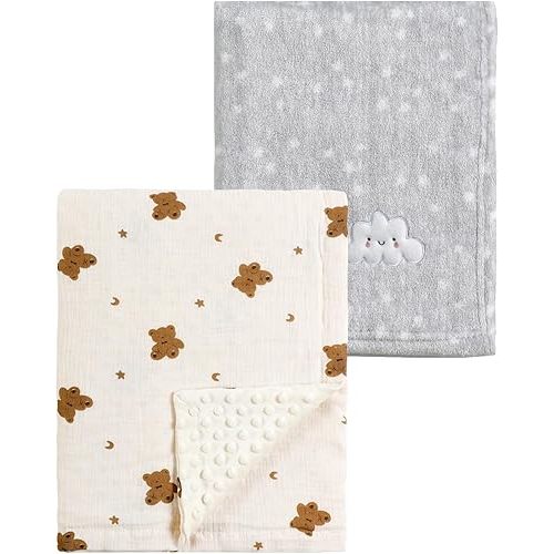 CREVENT 2Pcs 30''X40'' Cute Cozy Fluffy Warm Baby Blankets for Infants Toddlers' Bedding Crib Cot Stroller - Grey Cloud + Muslin Bear