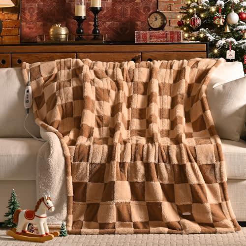 Bearhug Heated Blanket Throw 50" x 60" Electric Blanket, Reversible Brown Plaid Sherpa Heating Blanket, 6-Heat Levels & 4H Auto Off, ETL, Machine Washable