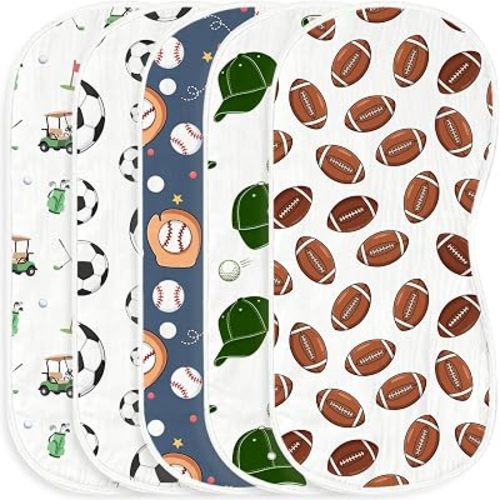 5pcs Sports Ball Burp Cloths for Baby Boys Girls Parent,100% Cotton Football Baseball Soccer Golf Themed Burp Rags,Muslin Burping Cloths Absorbent Spit-Up Cloths for Infant Newborns