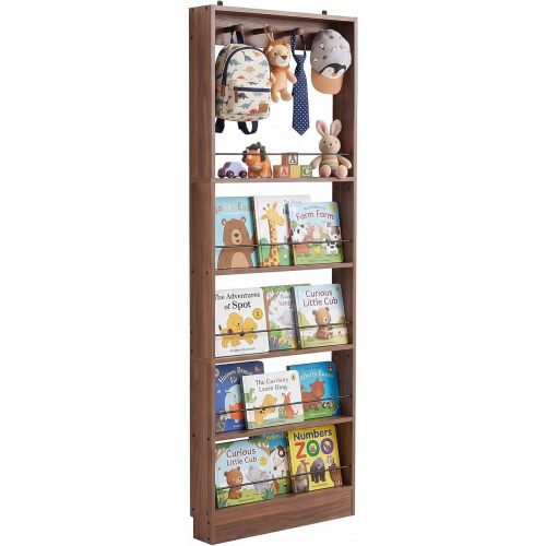Behind The Door Bookshelf Kids Wooden Behind Door Bookcase 5-Tier Walnut