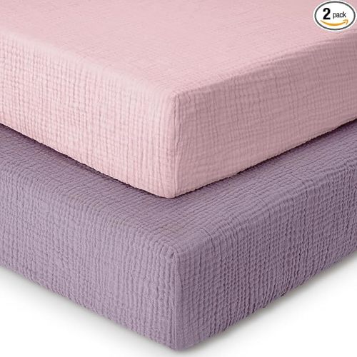 Dreamology Muslin Crib Sheet, for Baby Girls,Boys,2 Pack, Soft, Standard Crib Sheet,100% Cotton Crib Sheets for Standard Cribs, Toddler Bed Sheets, 52x28 Crib Sheets | Purple,Pink