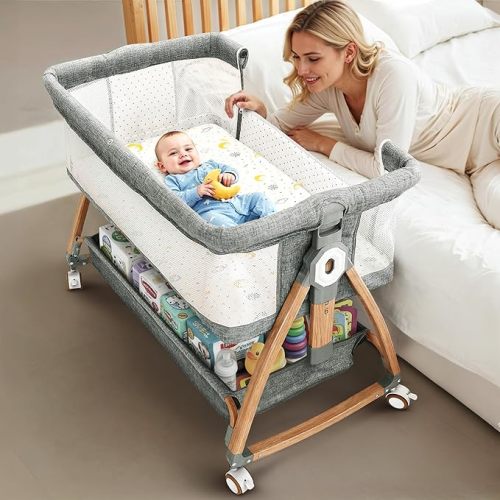 Earth&ME Bedside Bassinet for Baby – Portable Co-Sleeper Crib with Adjustable Height, Breathable Mesh Sides, Storage Basket, Mosquito Net (Wood Grain, Pink)