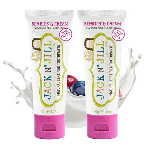 Jack N' Jill Natural Toddler Toothpaste - Fluoride Free Training Toothpaste for Toddlers 1-3, 40% Xylitol, BPA Free - Berries N' Cream, 1.76 oz (Pack of 2)
