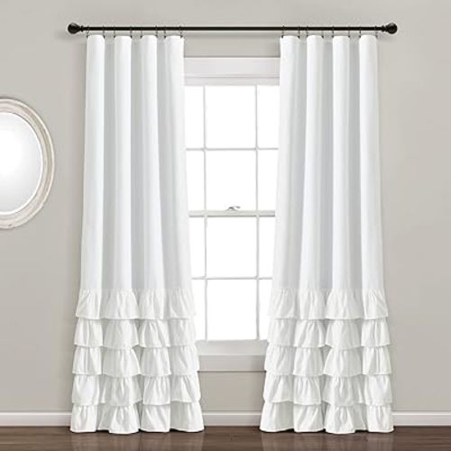Lush Decor Allison Ruffle 100% Blackout Window Curtain Single 40" W x 84" L White - White Blackout Curtains for Bedroom or Nursery - Coquette Curtains