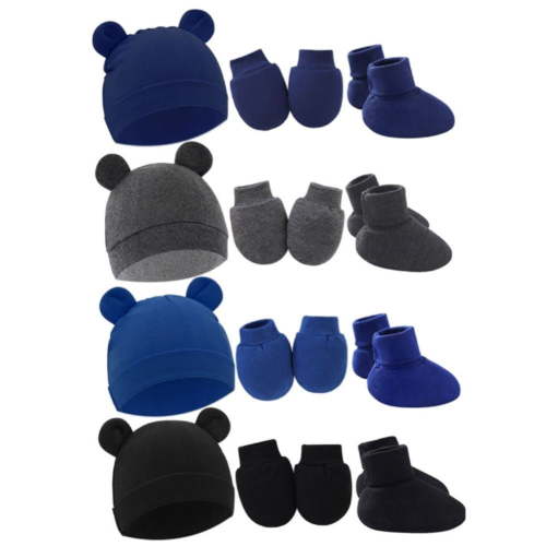GYRATEDREAM 4 Pieces Newborn Boys Girls Hats Baby Hat and No Scratch Mitten and Socks Set Infant Headbands Winter Baby Caps for 0-6M Multi-color
