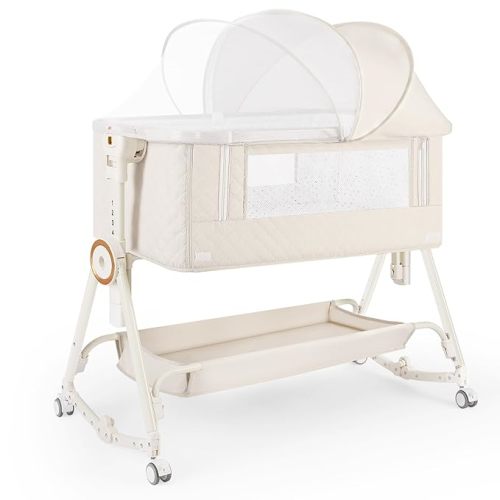 Baby Bassinet 5 in 1,Baby Bedside Bassinet with Diaper Changer, Mosquito Net, Mattress, Storage Layer, Can Be Stored in One Button Travel Crib (Beige)