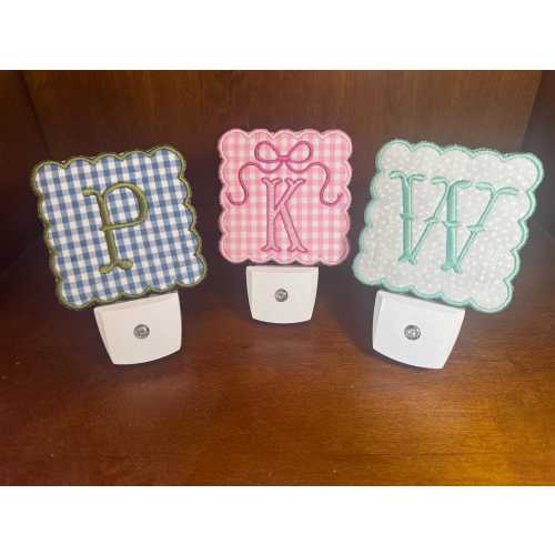 Embroidered Monogram Night Light – Custom Nursery Decor, Gingham or Polka Dot