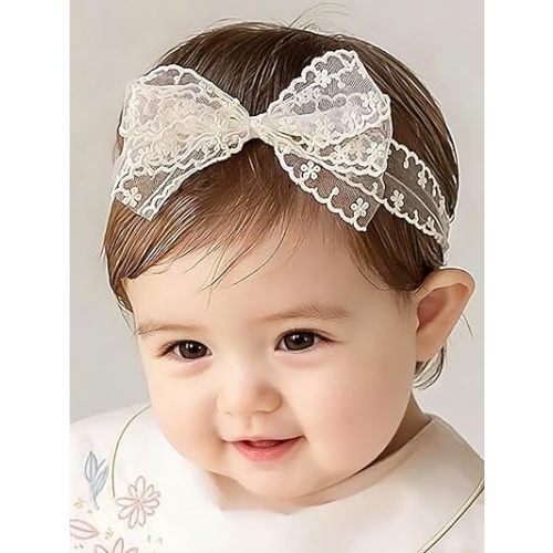 Baby Girls Bow Lace Headband Cute Soft Hairband White Butterfly Knot Headbands for Newborn Infants Toddlers Kids Christening Baptism Birthday Party Hair Accessories(Beige)