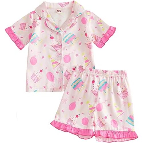 Kuriozud Birthday Girl Pajamas Silk Stain Pjs Shirt Tops+Shorts 2Piece Set Birthday Toddler Kids Little Girl Nightgown Gift