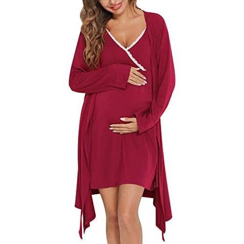 SWOMOG Womens Maternity Robe 2 Piece Nursing Nightgown for Breastfeeding 3 in 1 Labor Delivery Nursing Dress Lace Bathrobe