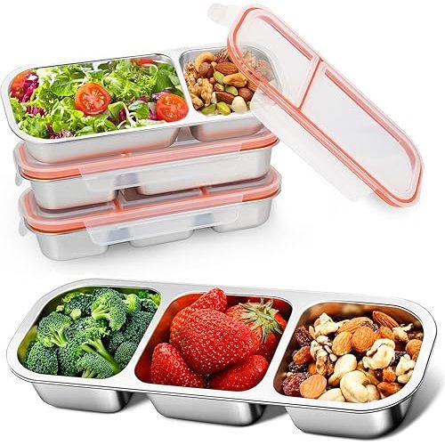 4Pack Stainless Steel Snack Containers 2/3 Compartment Sauce Cups,Reusable Condiment Box with Lids, Divided Food Storage Containers for School, Home, Travel