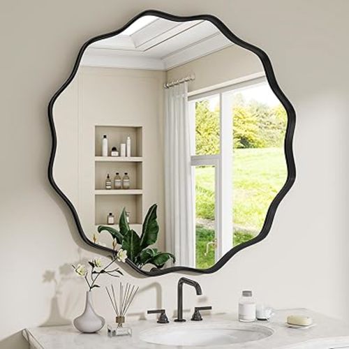Round Wavy Mirror, 24 Inch Metal Frame Circle Mirror, Round Wall Mounted for Entryway, Bathroom, Vanity, Living Room, Black