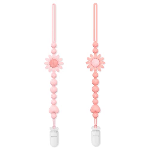 Pacifier Clip, 2 Pack Silicone Pacifier Clip with One Piece Design for Newborn Boys and Girls, Floral Patterns Pacifier Holder Clip Fits for Most Pacifier, Baby Shower and Baby Gift